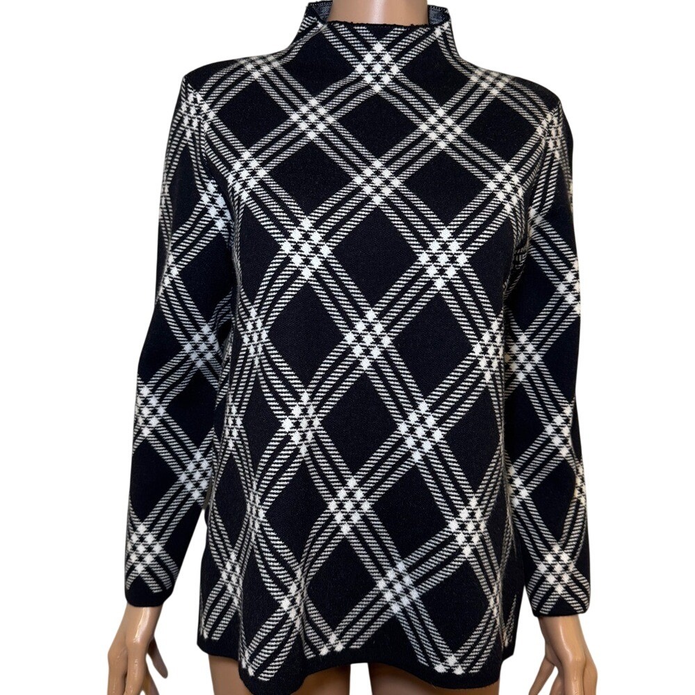 Anne Klein Diamond Plaid Mock Neck Sweater Top‎ Shirt